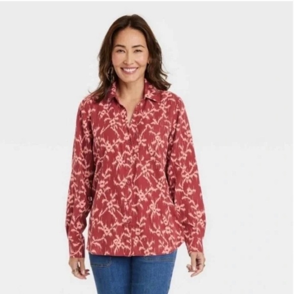 NWT Knox Rose Burgundy Hibiscus Print Button Front Shirt Size XS - Picture 1 of 6